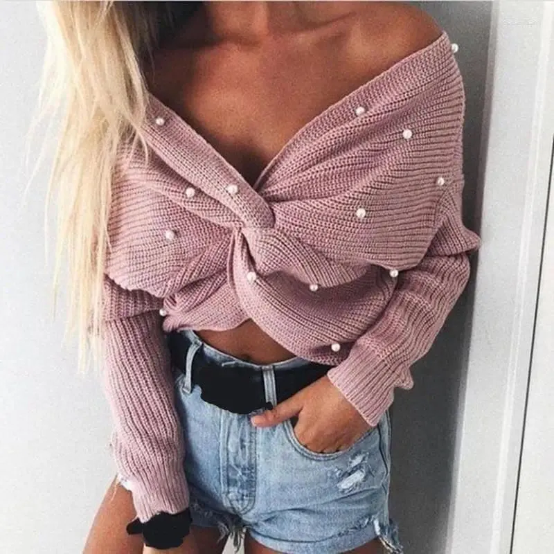 Pulls pour femmes Sexy Perle Perles V Col Twist Pull Doux Femmes Pulls Tricot Jumper À Manches Longues Casual Solide Tricoté Pull Femme