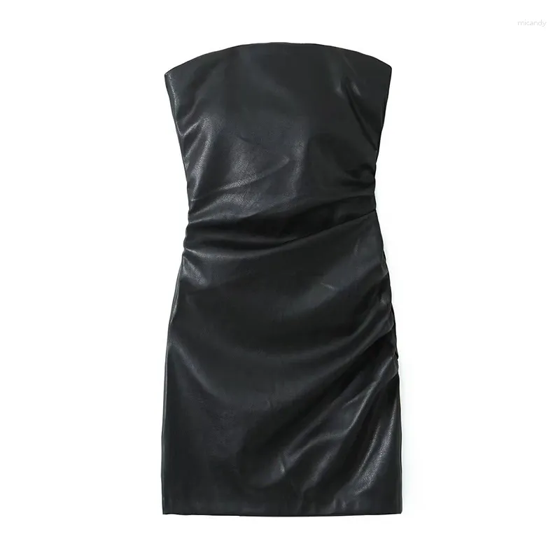 Casual klänningar sexiga kvinnor ruching faux läder stropplös fest miniklänning svart vestidos