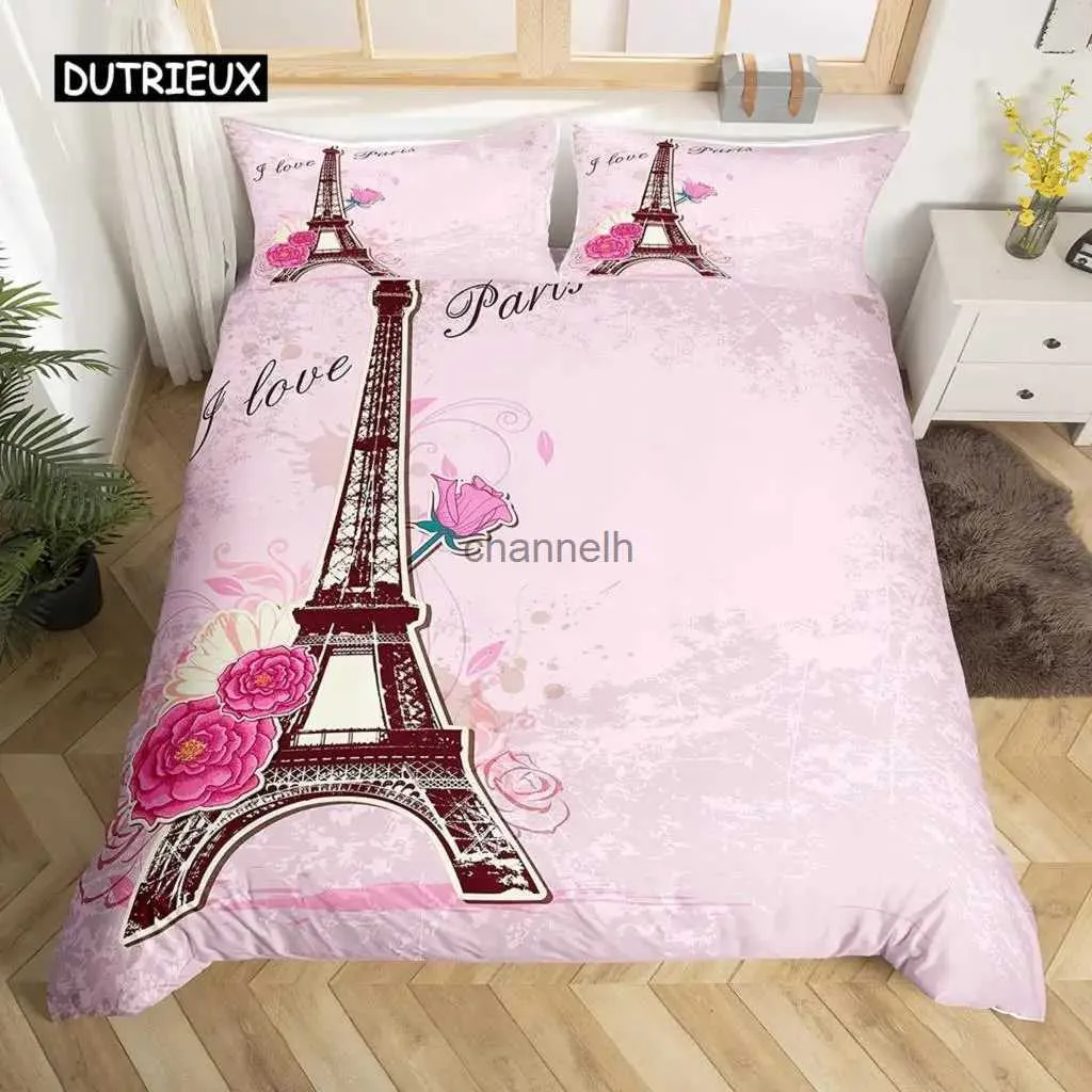 Bettdecken-Sets, Eiffelturm-Bettbezug-Set, King-Size-Bettwäsche-Set mit Paris-Gebäude-Thema, Paar-Bettwäsche-Set, Polyester, Stadtbild, romantischer rosafarbener Rosen-Bettbezug YQ240313