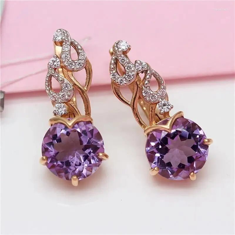 Dangle Earrings 585 Purple Gold Plated 14K Rose Inlaid Amethyst Crystal Drop For Women Romantic Elegant Wedding High Jewelry Gift