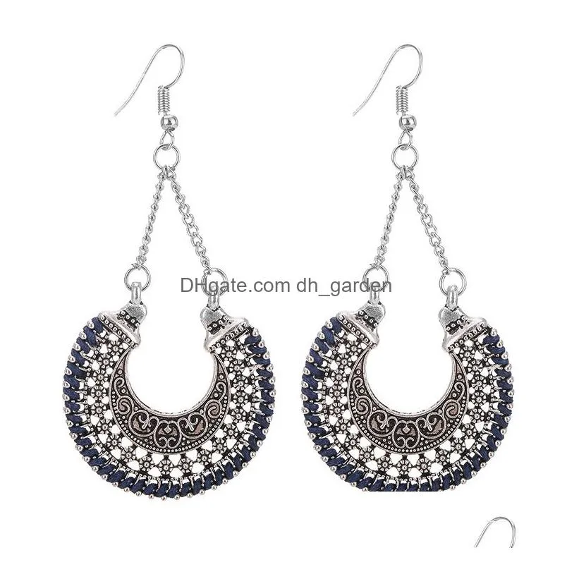 Dangle Chandelier Ethnique Creux Vintage Sliver Corde Wrap Boucles D'oreilles Pour Femmes Bohème Croissant Long Crochet Boucle D'oreille Bijoux En Gros Drop Dhusw