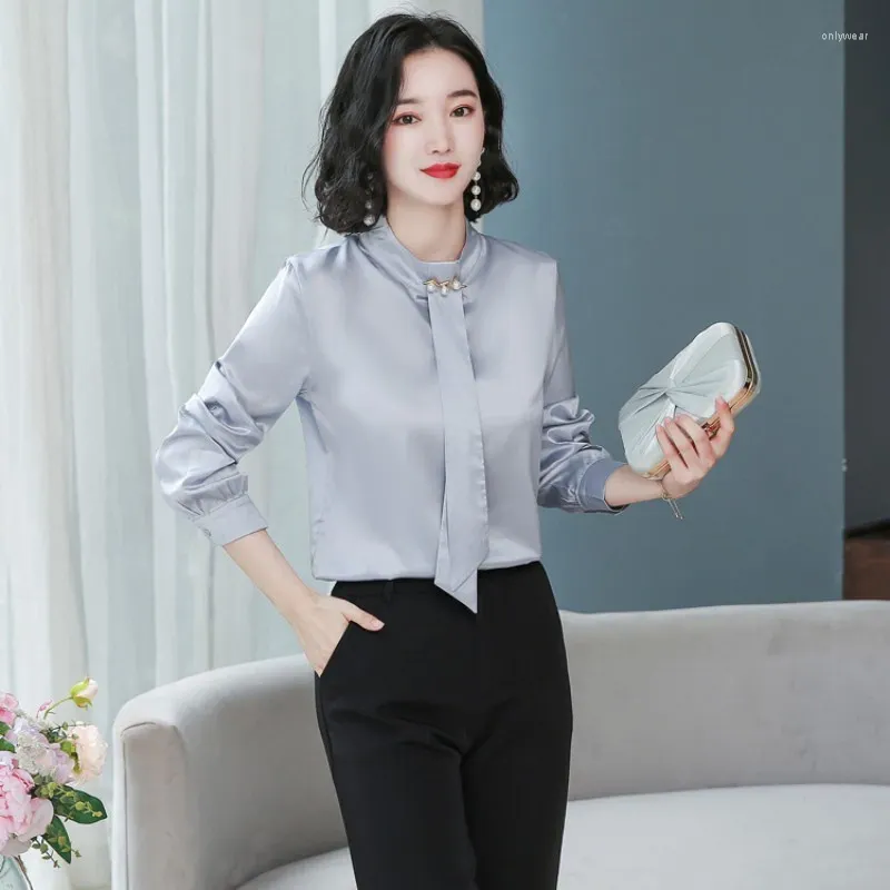 Frauen Blusen Mode Frau 2024 Herbst Weibliche Kleidung Perle Schnalle Krawatte Bluse Satin Büro Dame Tops Grundlegende Shirts Für frauen