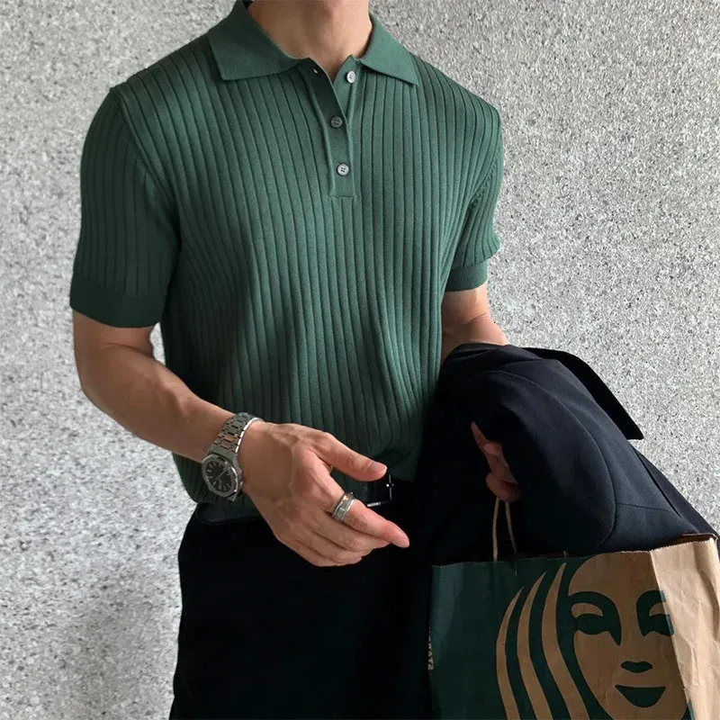 Mannen T-shirt Met Korte Mouwen Gebreide Polo T-shirts Casual Sociale Shirts Koreaanse Harajuku T-shirts Slanke Soild Retro Tops tees Man Kleding 240301