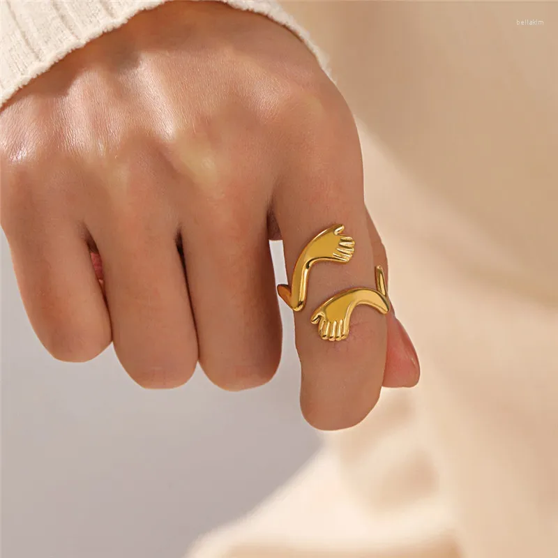 Cluster Ringen Grappige Rvs Knuffelen Handen Ring Voor Vrouwen Creatieve Goud Kleur Open Vinger Vriendschap Sieraden