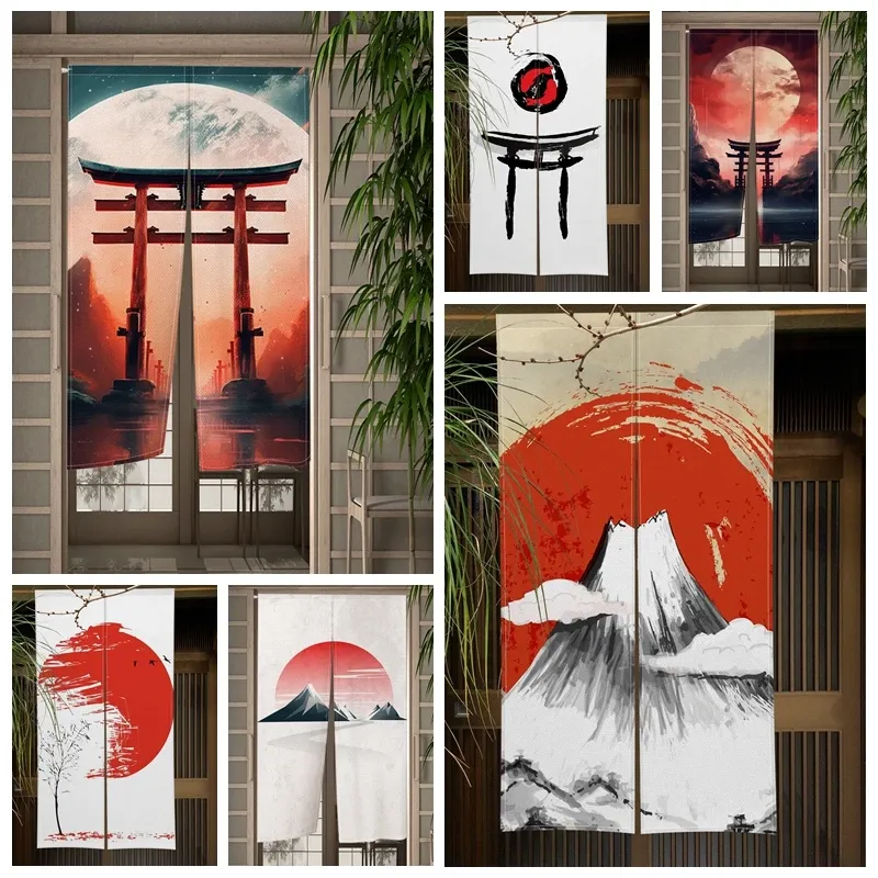 Curtains Japanese Doorway Partition Curtains Mount Fuji Red Sun Door Curatin Cherry Blossoms Kitchen Bedroom Room Door Decor Half Curtain