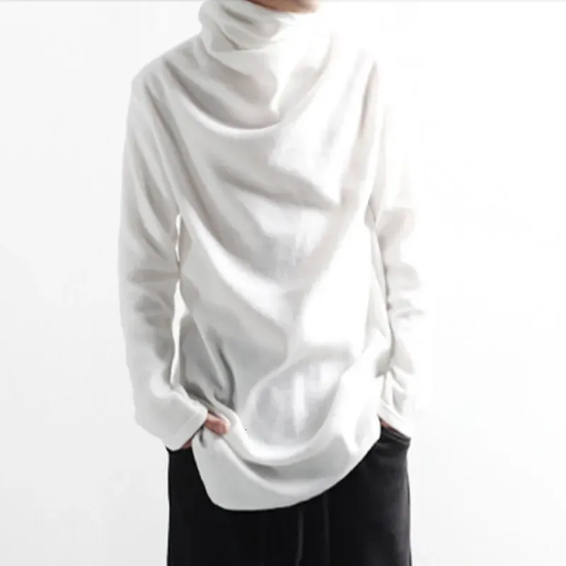Mens T-shirts Spring and Autumn Korean edition plain turtleneck loose-fitting irregular long sleeve T-shirts trend 240306
