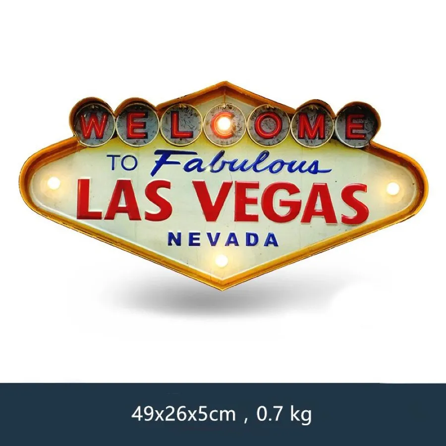 Las Vegas Welcome Neon Sign for Bar Vintage Home Decor Painting Illuminated Hanging Metal Signs Iron Pub Cafe Wall Decoration Y200196T
