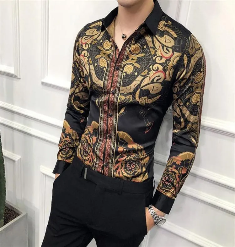 Chemise à manches longues à la mode pour hommes, version coréenne, personnalité slim, chemise à fleurs, cour rétro, magnifique, impression haute définition Brea3163833