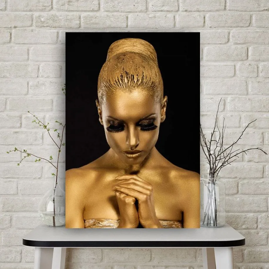 Affiche murale de femme dorée africaine, peinture sur toile, Portrait abstrait, image imprimée HD pour salon, décoration de la maison, Cuadros282A