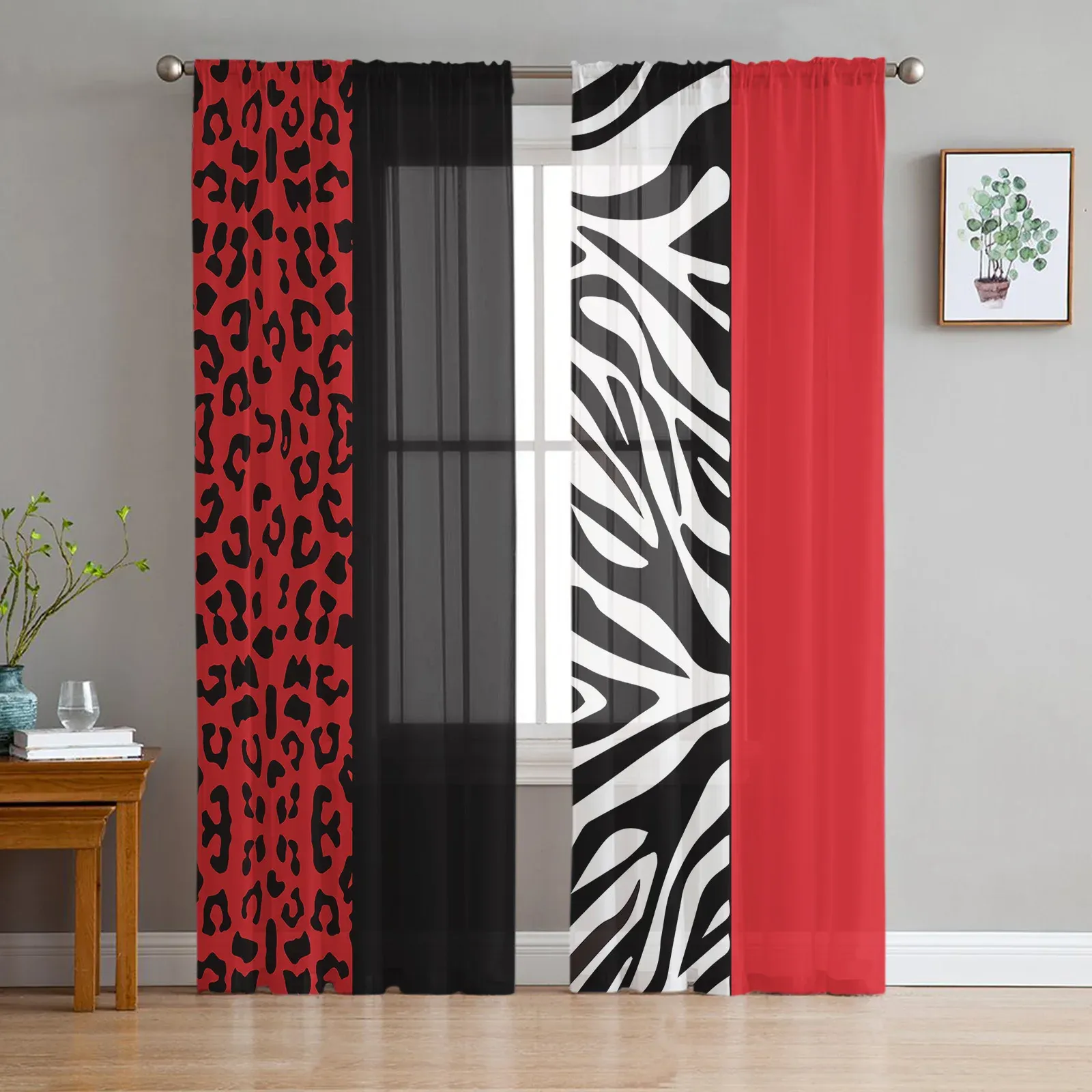 Tende Stampa zebrata Leopardo Rosso Nero Tende in tulle per soggiorno Arredamento camera da letto Tende per finestre in chiffon trasparente Tenda in voile trasparente