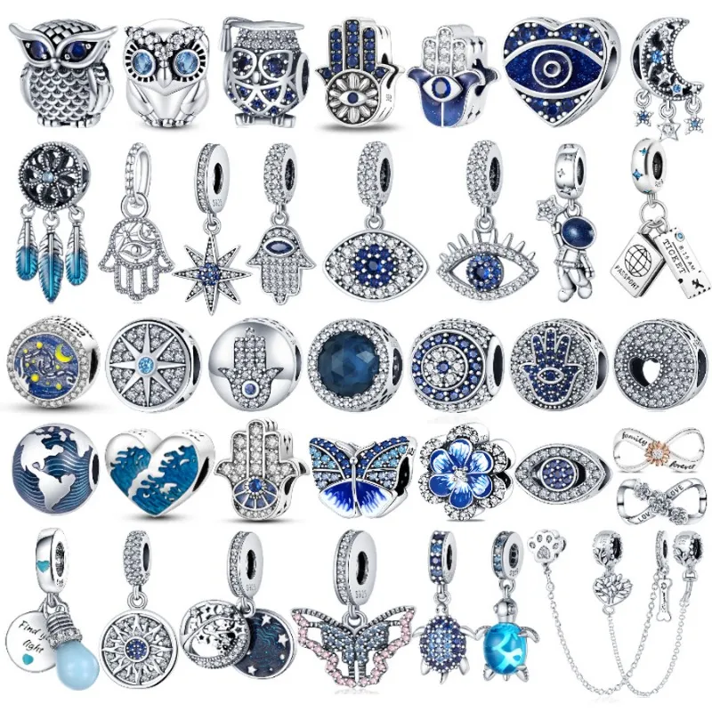 925 Sterling Silver fit pandora charms Bracelet beads charm Color Evil Eye Owl Hot Air Balloon Blue Bead heart