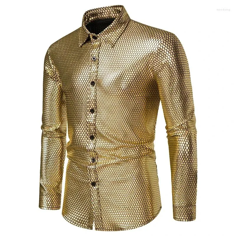 Męskie koszule Bronzing Bronzing Button z długim rękawem Down Lapel Shirt Disco Party Christmas Ball Costume