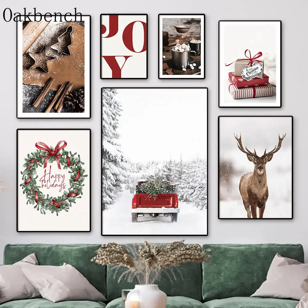 Kalligrafi snöbil canvas affisch presentkonsttryck hasselnöt trägikt målningar julgran vägg konst nordiska affischer vardagsrum dekor