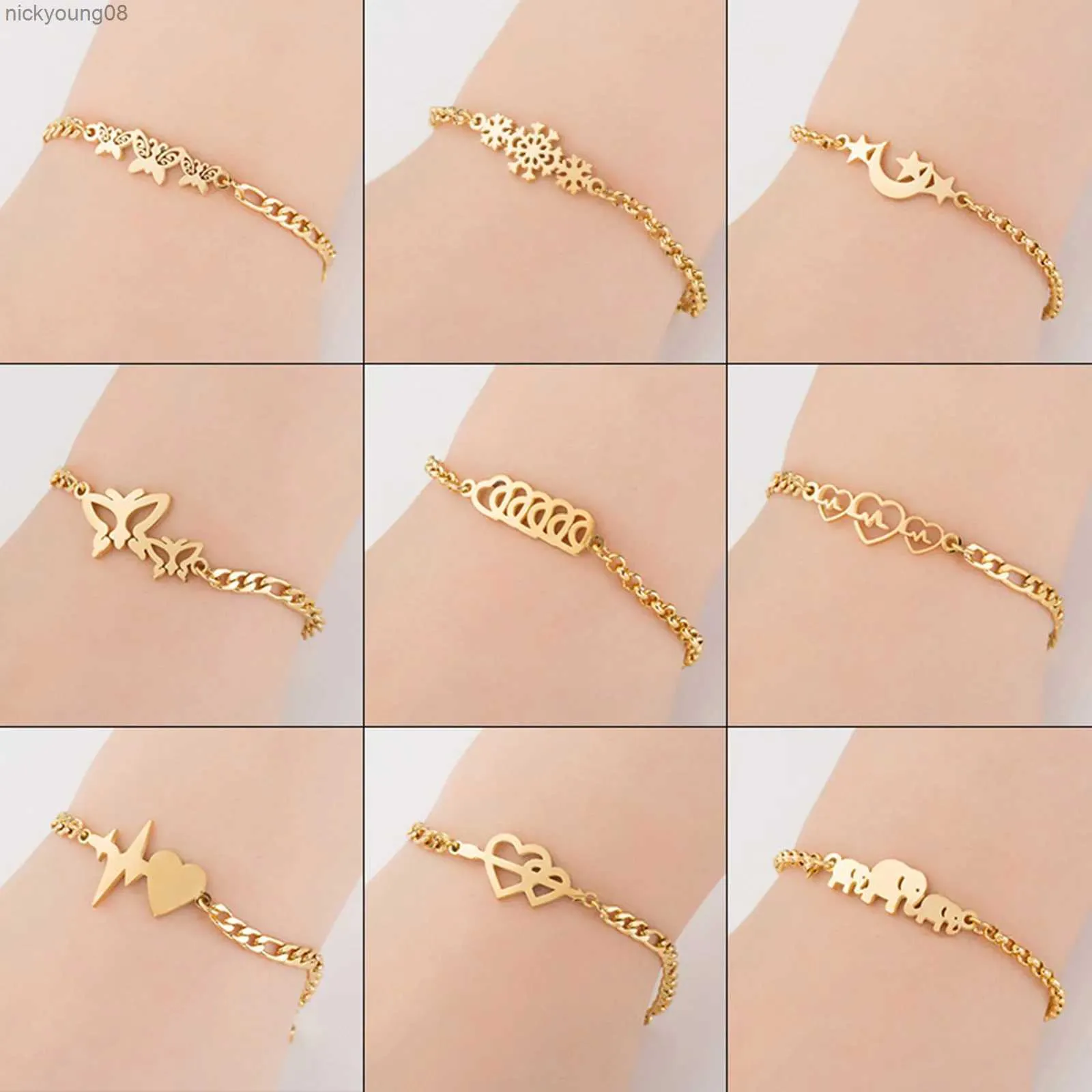 Bangle 1PC 304 Stainless Steel Stylish Bracelets Gold Color Fashion Hollow Butterfly Pendant Chain Bracelet Jewelry for Women 16cm longL2403