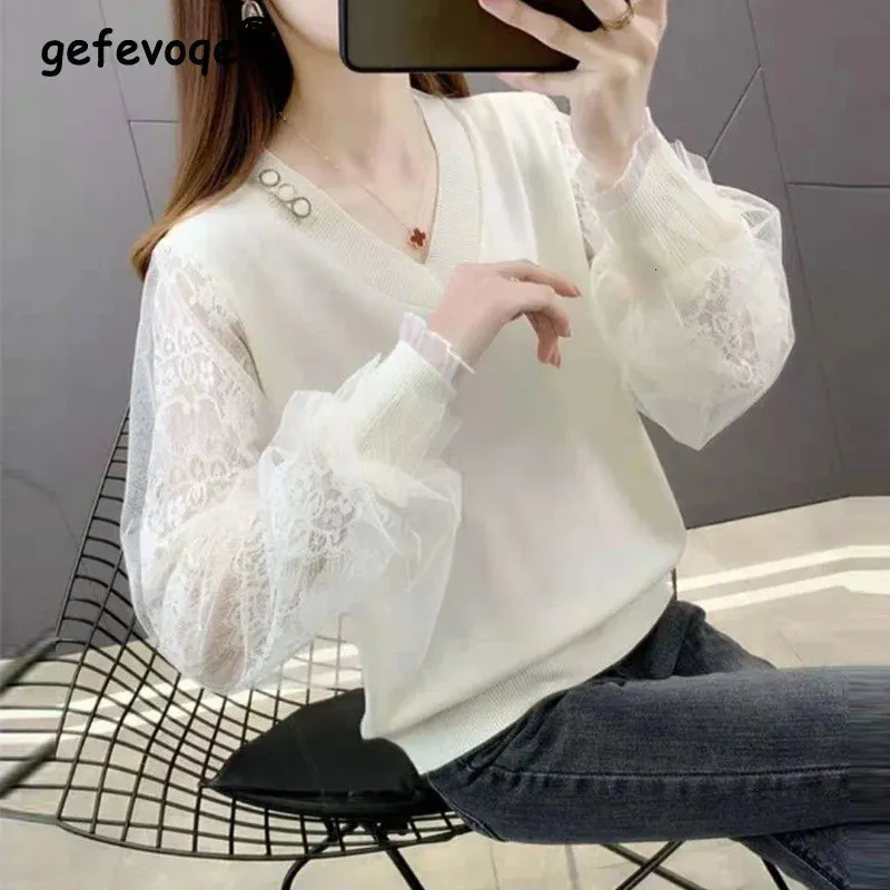 Spring Fall Fashion V Neck Mesh Lace Patchwork Chic Knitwear Women Casual Loose Long Sleeve Pullover Top Female Knitted Sweaters 240311