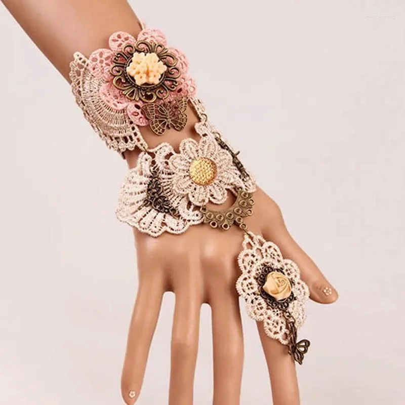 Bracelets de charme Mode gothique dentelle vintage bracelet avec anneau Steampunk fleur longue métal jeu de rôle décoration Halloween Cosplay accessoires