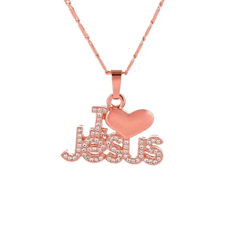 Collier avec pendentif religieux I Love Jesus pour femmes, en or/or rose, accessoires de bijoux chrétiens LL