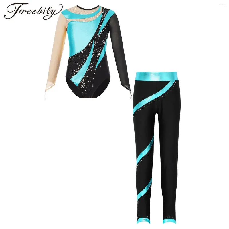 Stadiumkleding Kinderen Meisjes Ballet Dans Turnpakje Set Kunstschaatsen Gymnastiek Yoga Prestaties Outfit Strass bodysuit met lange mouwen en broek