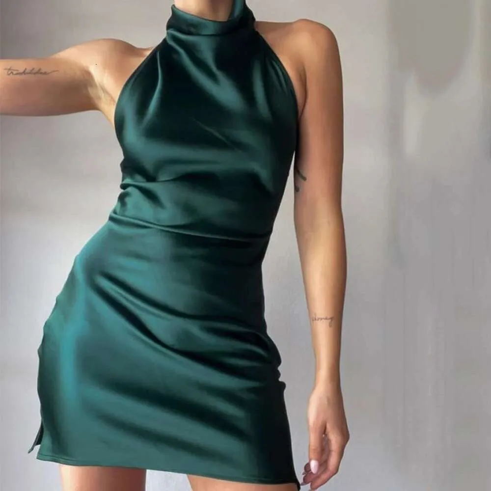 Zomer halter rok satijn sexy casual jurken slanke mouwloze elegante mode schede jurk dameskleding
