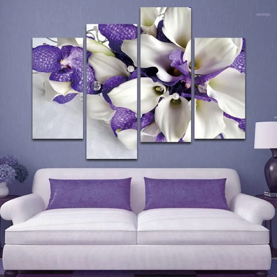 Resimler conisi baskı 4 paneller purplewhite iris üzerinde tuval poster nordic çiçek duvar sanat boyama ev dekoru için ev dekor 35557