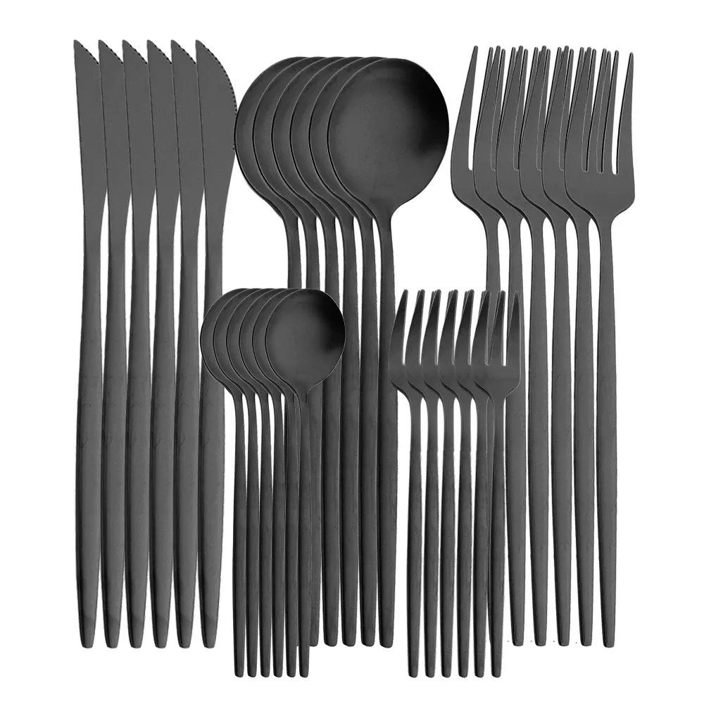 Zestawy 30pc Mat Matte Black Cutlery Setle ze stali nierdzewnej Widelec Rzyms łyżki zaczepowe oprogramowanie stołowe Zestaw stolika imprezy Hotel