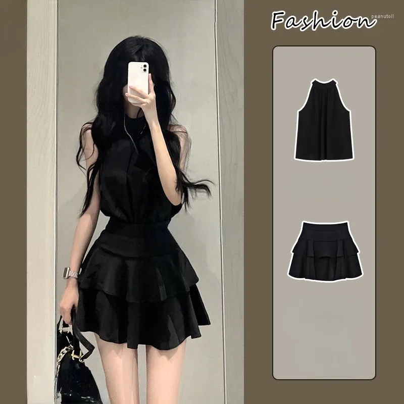 Work Dresses 2024 Summer Black 2 Piece Skirt Sets Women Korean Fashion Clothing Y2k Crop Tops Blouse Mini Skirts Sexy Suits Chic