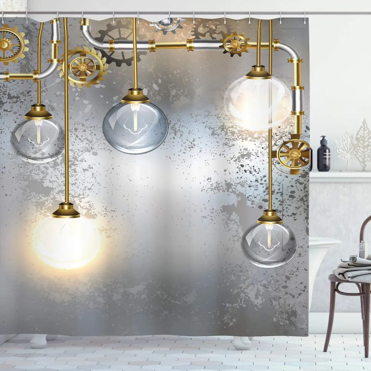 Curtains Industrial Shower Curtain, Steampunk Style Antique Composition Brass Fastening Round, Cloth Fabric Bathroom Decor Set with Hooks