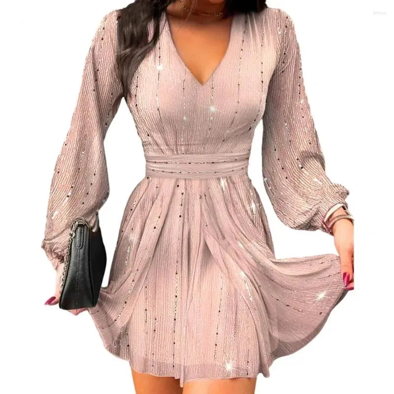 Vestidos casuais mulheres elegante vestido com decote em v mini decote em v lanterna mangas a linha para cor sólida apertada