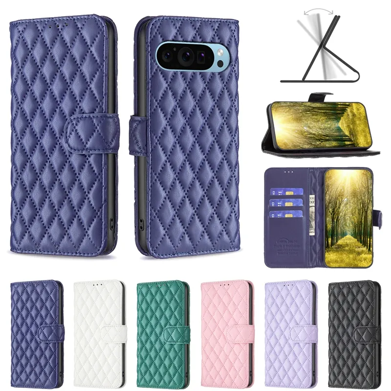 Custodie a portafoglio in pelle a grana a quadretti per Google PIXEL 9 9pro One Plus 12 pro Xiaomi 14 Pro Redmi 13C K70 K70E Nota 13 ID diamante Slot per carte di credito Custodia con coperchio a vibrazione