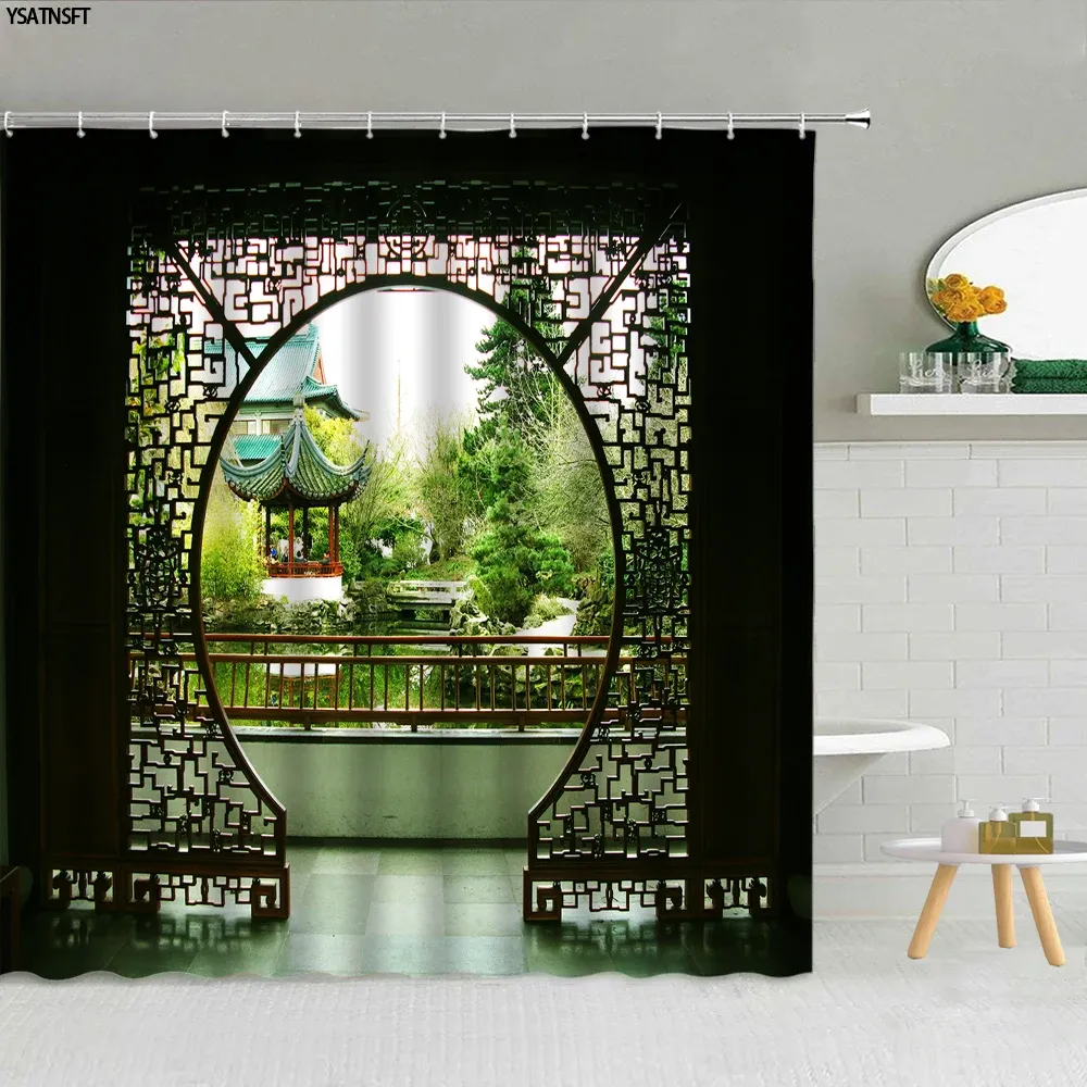 Шторы в китайском стиле, экран, сад, занавеска для душа, павильон, цветок, птица, дерево, бамбуковый пейзаж, принадлежности для ванной комнаты, тканевые шторы, домашний декор