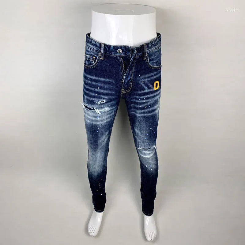 Мужские джинсы, модная уличная одежда, мужские высококачественные ретро-синие эластичные облегающие рваные дизайнерские брюки с вышивкой в стиле хип-хоп, брендовые брюки