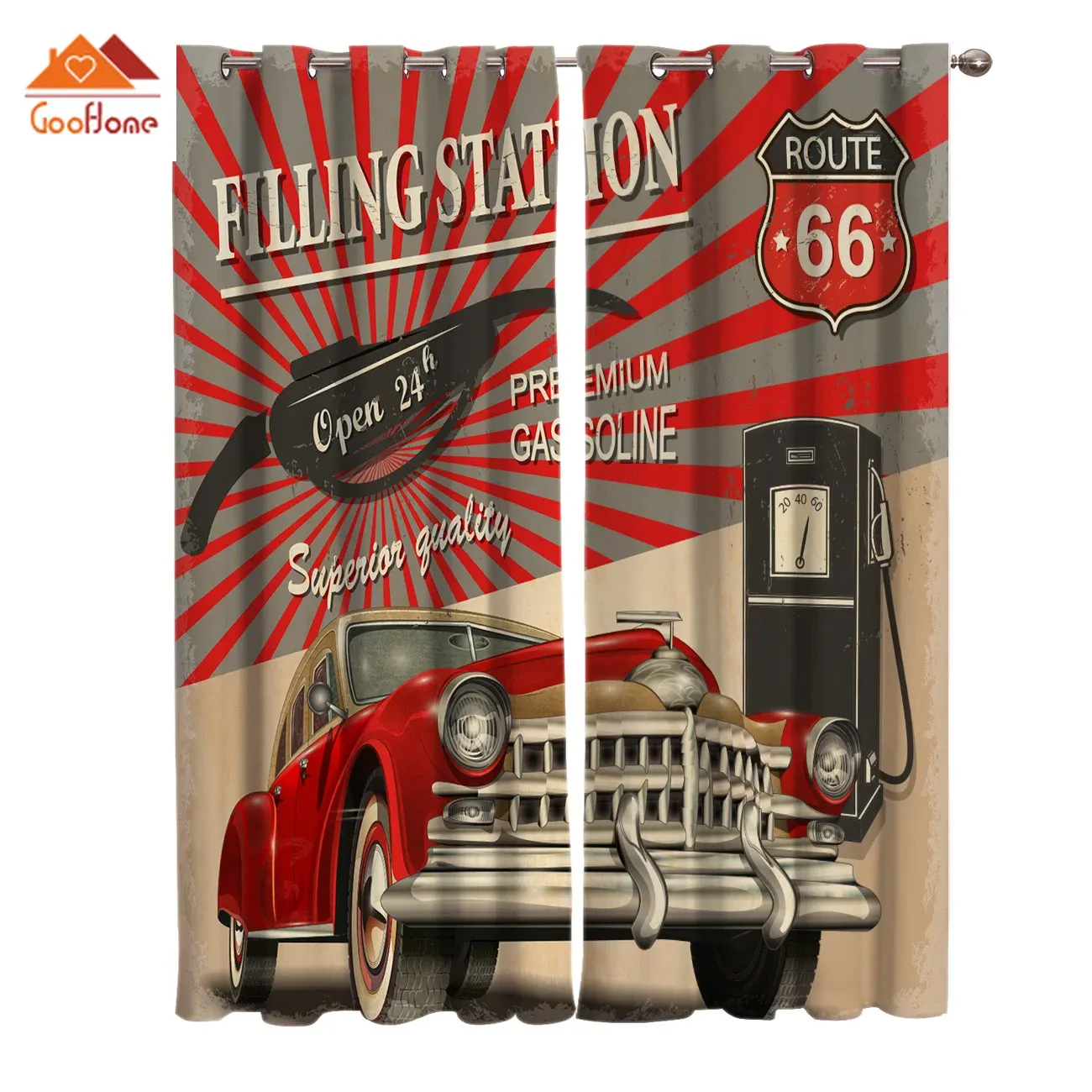 Tende Retro Car Poster Route 66 Tende per finestre Soggiorno Tende in tessuto per esterni Tenda Decorazioni per la casa