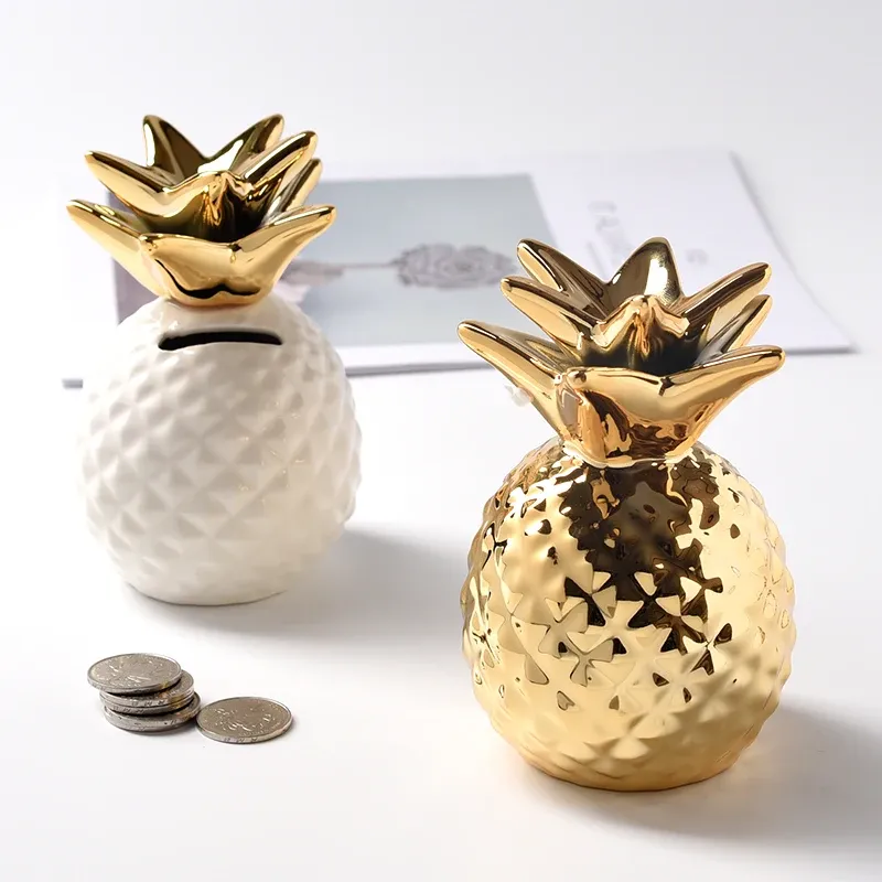 Lådor nordiska små ananas pengar lådor keramiska gyllene piggy bankbesparande lådor hem skrivbordsdekoration
