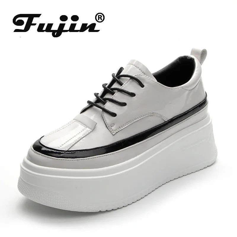 Fujin 7.5 cm patent läder äkta kvinnor skor loafers plattform sneakers kilskor dolda häl andningsbara vår sommarskor 240309