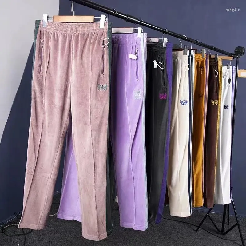 Pantalones para hombres Agujas Terciopelo Mariposa Bordado Uva Púrpura High Street Straight Hombres Mujeres Sudor