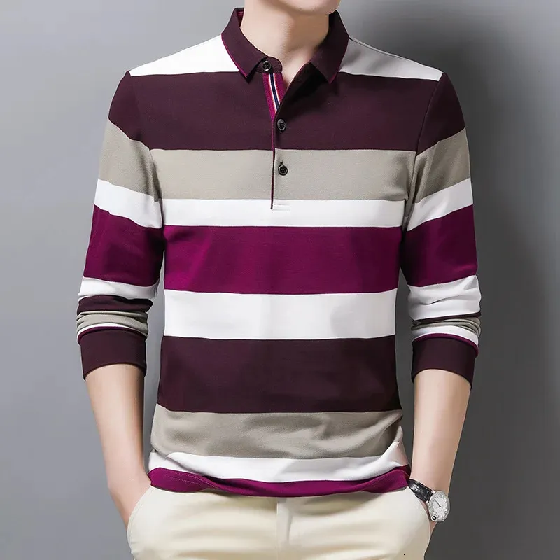 Marka% 100 pamuklu erkekler çizgili sonbahar kıyafetleri uzun kollu sıradan polo Koreli mans gömlek moda üstleri 240326