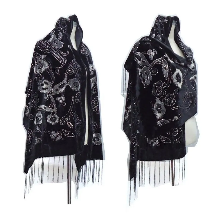 Sjaals Collectie Burnout Fluwelen Winter Sjaal Hijab Glitter Bloemen Sjaals Voor Bruiloft Zwart Hoofd Poncho Women244y