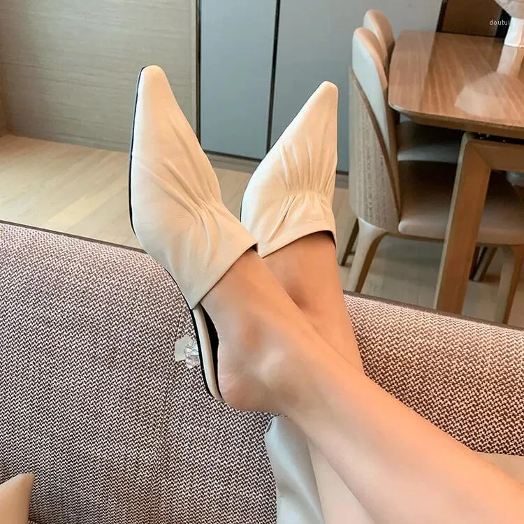 Dress Shoes French Style Pointed Toe Women Mules Beige Leather Spring Clear Crystal High Heels 4cm Apricot Chic Work Pumps Zapatillas