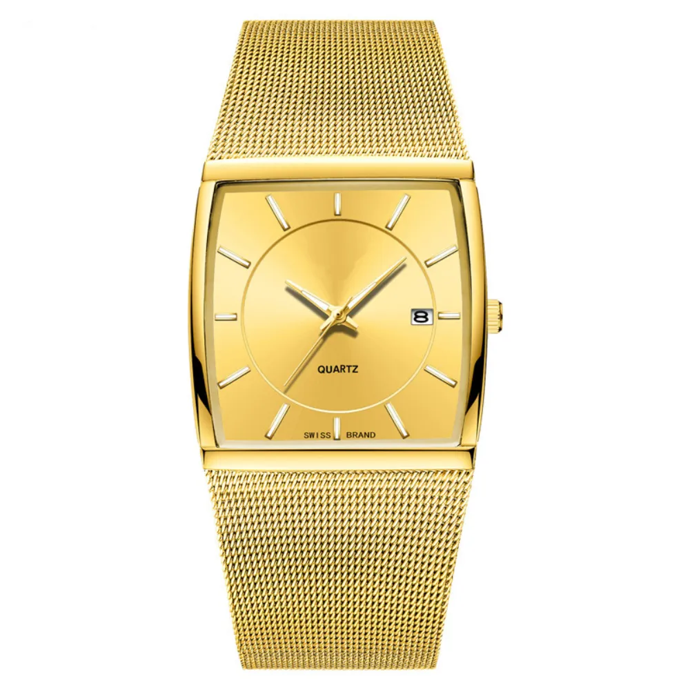 Montre à quartz carrée pour hommes, étanche, horloge de date, maille en acier inoxydable, montre d'affaires