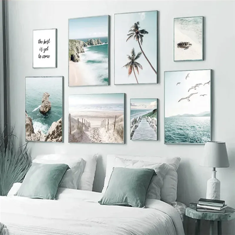 Calligraphie Personnalisable Dauphin Palm Bridge Bleu Toile Mur Art Peinture Image Décoration Vacances d'été Plage Vue sur la Mer Affiche Imprimer