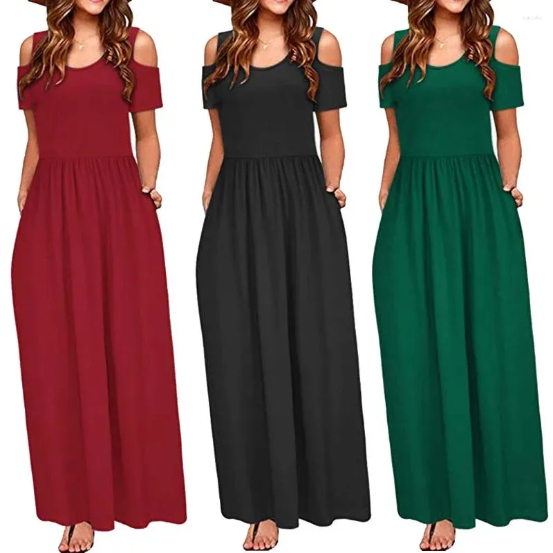 Vestidos casuales mujeres verano fuera del hombro largo maxi vestido elegante bolsillo manga corta suelta playa boho camiseta bata femme