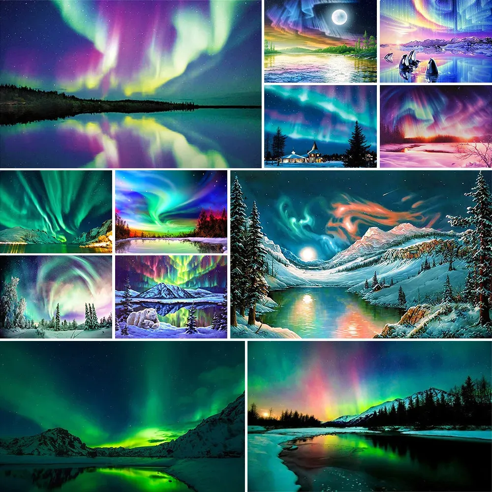 Numéro Paysage Aurora Coloriage par numéros Peinture complète Kit complet Paignes d'huile 50 * 70 peintures murales Paiting pour enfants