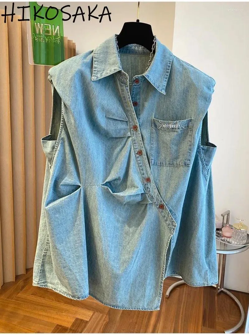 Blouses pour femmes Chemises en denim à simple boutonnage plissé irrégulier Col rabattu Chemisier sans manches Femmes 2024 Été Lâche Casual Blusa Mujer