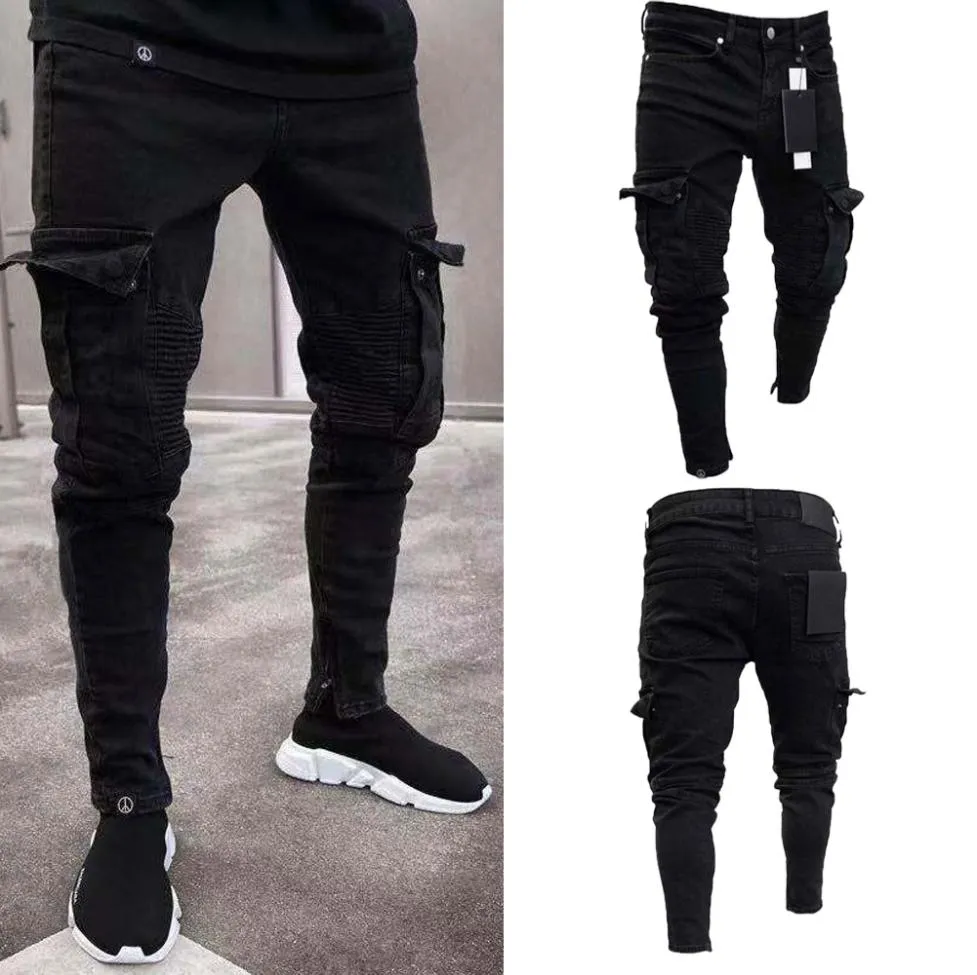 Mode Schwarz Jean Männer Denim Skinny Biker Jeans Zerstört Ausgefranste Slim Fit Tasche Cargo Bleistift Hosen Plus Größe S3XL3449577