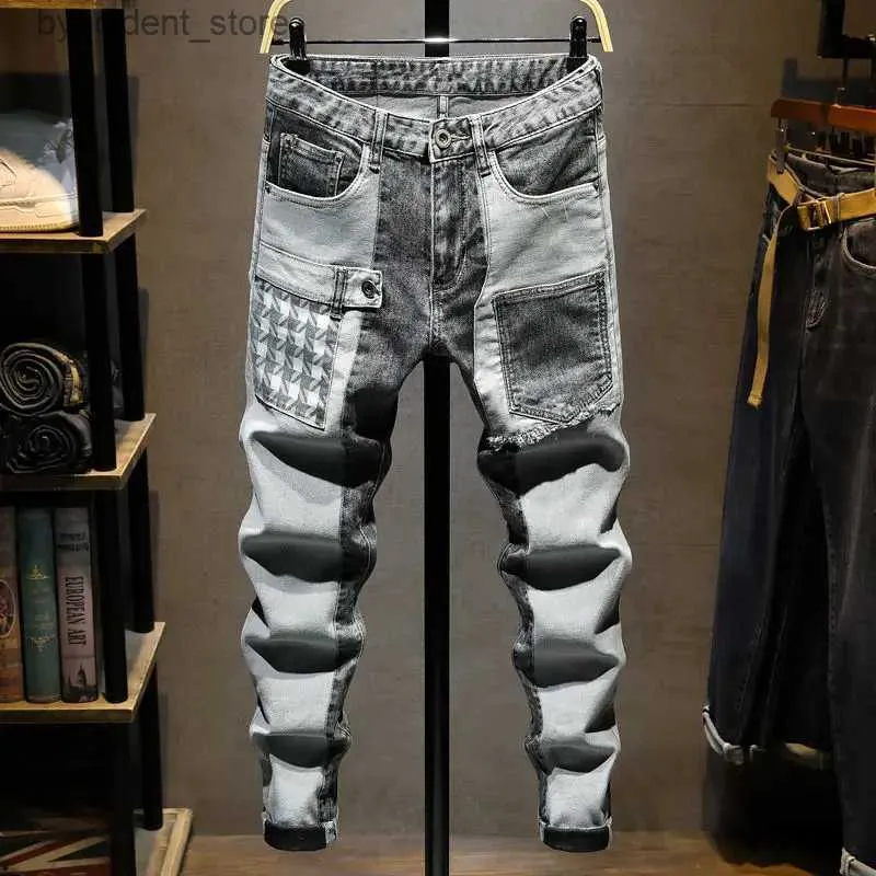 Męskie dżinsy Nowe wiosenne jesień w stylu koreańskim Kpop Designer Streetwear 90s Slim Cowboy Grey Stretch Work zużycie spółek długie spodnie Man L240313