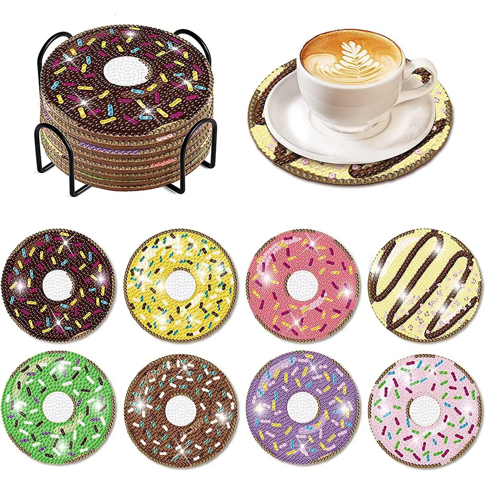 Stitch 8pcs beignets Diamond Painting Coasters Kits avec support Acrylique Diamond Art Cup Mat non glissant Coaster DIY Art Art Art