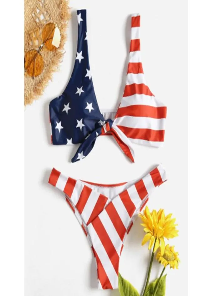 Dreieck Bikini Set Sommer Sexy Frauen Sterne Streifen USA Flagge Drucken Fliege Gepolsterter Bh Badeanzug Amerika Bademode Women039s7913749