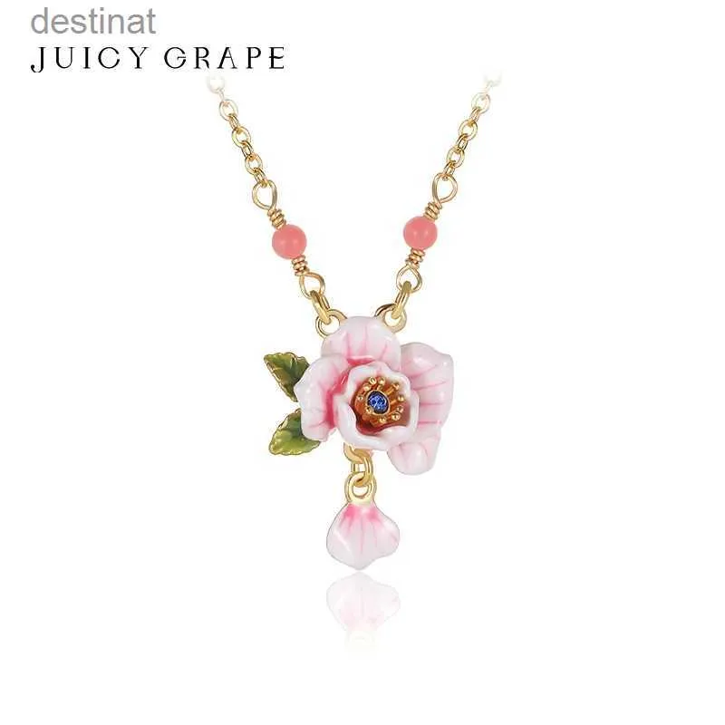 Pendant Necklaces JUICY GRAPE Fashion Pink Rose Necklace Sweet Flower Necklace 18K Gold Plated Enamel Handmade Gift for GirlfriendL242313