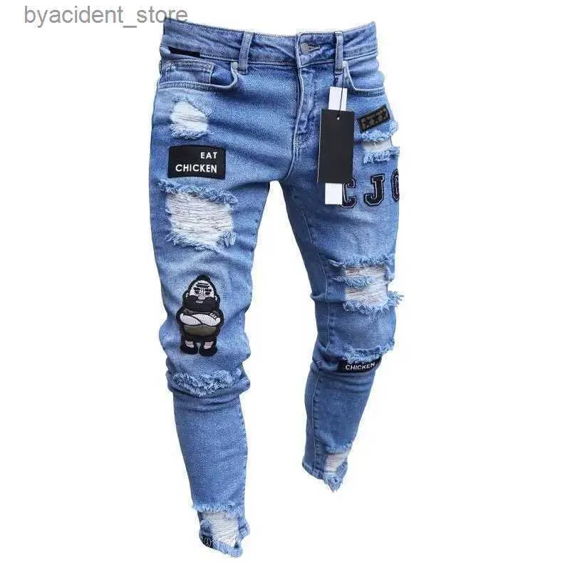 Jeans para hombres Jeans rasgados Hombres Stretch Skinny Gris Azul Negro Hip Hop Pantalones de mezclilla Streetwear Casual Slim Fit Jeans para hombres Jogger jean L240313