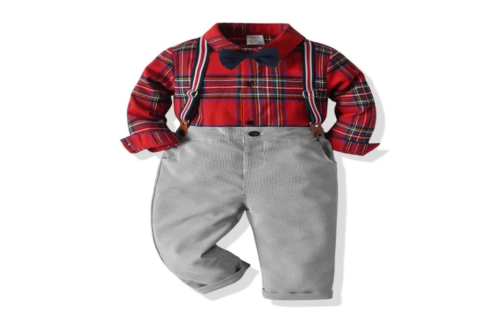 Christmas boys plaid outfits spring kids plaid shirtBow tiesuspender Plover case pants 3pcs sets children performance clothes A55971950